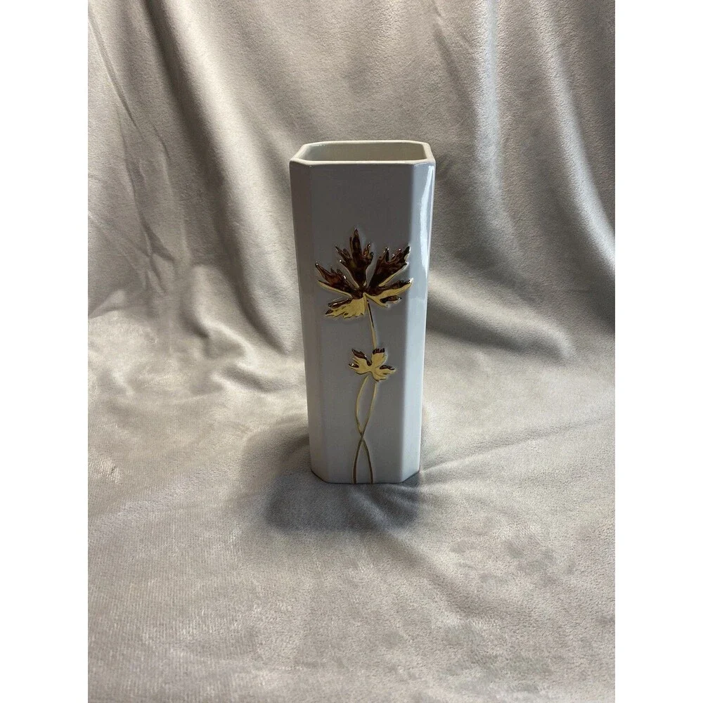 MCM Vase Gold and White Leaves  Made In ITALY 9” Tall Square Ceramic
